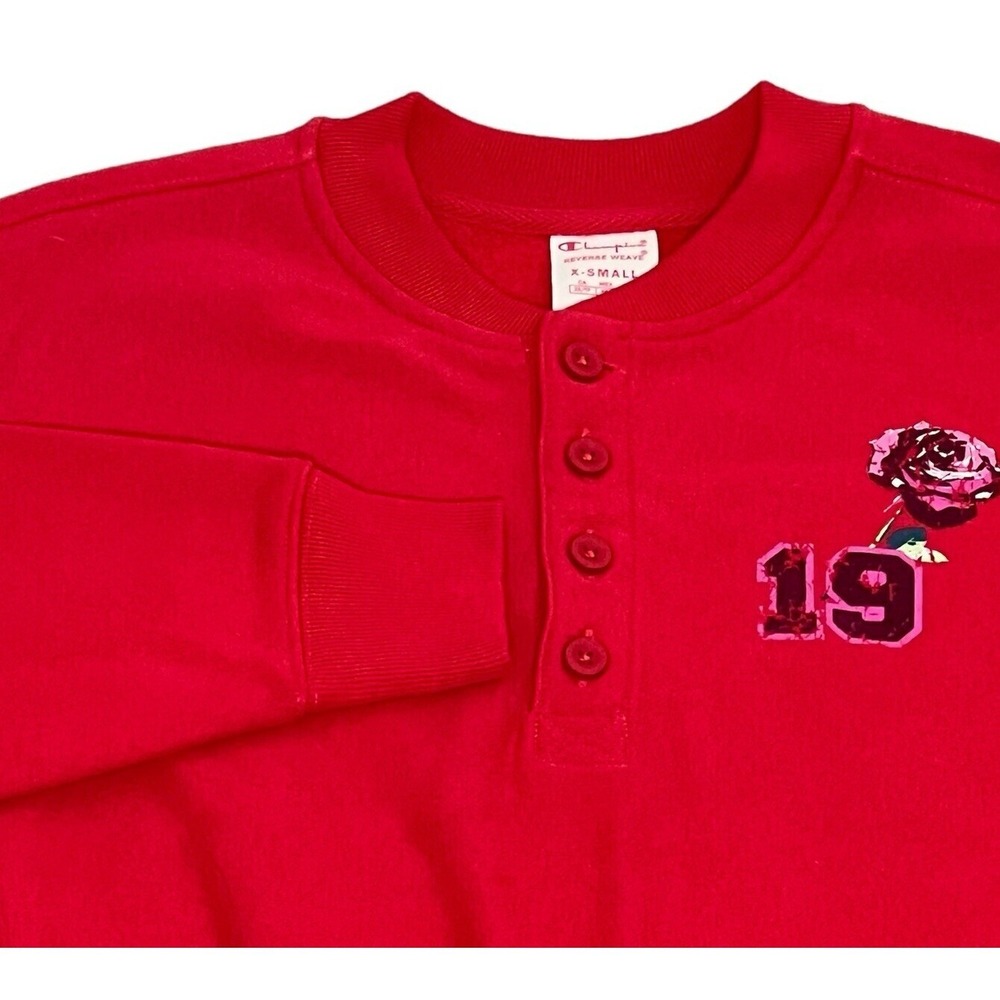 Champion‎ Reverse Weave Henley Sweatshirt, Rose & 19 Graphic XS Red